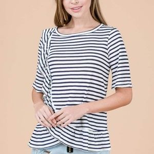 *ONLY 2 LEFT* Denim Striped Side Ruffle Tee